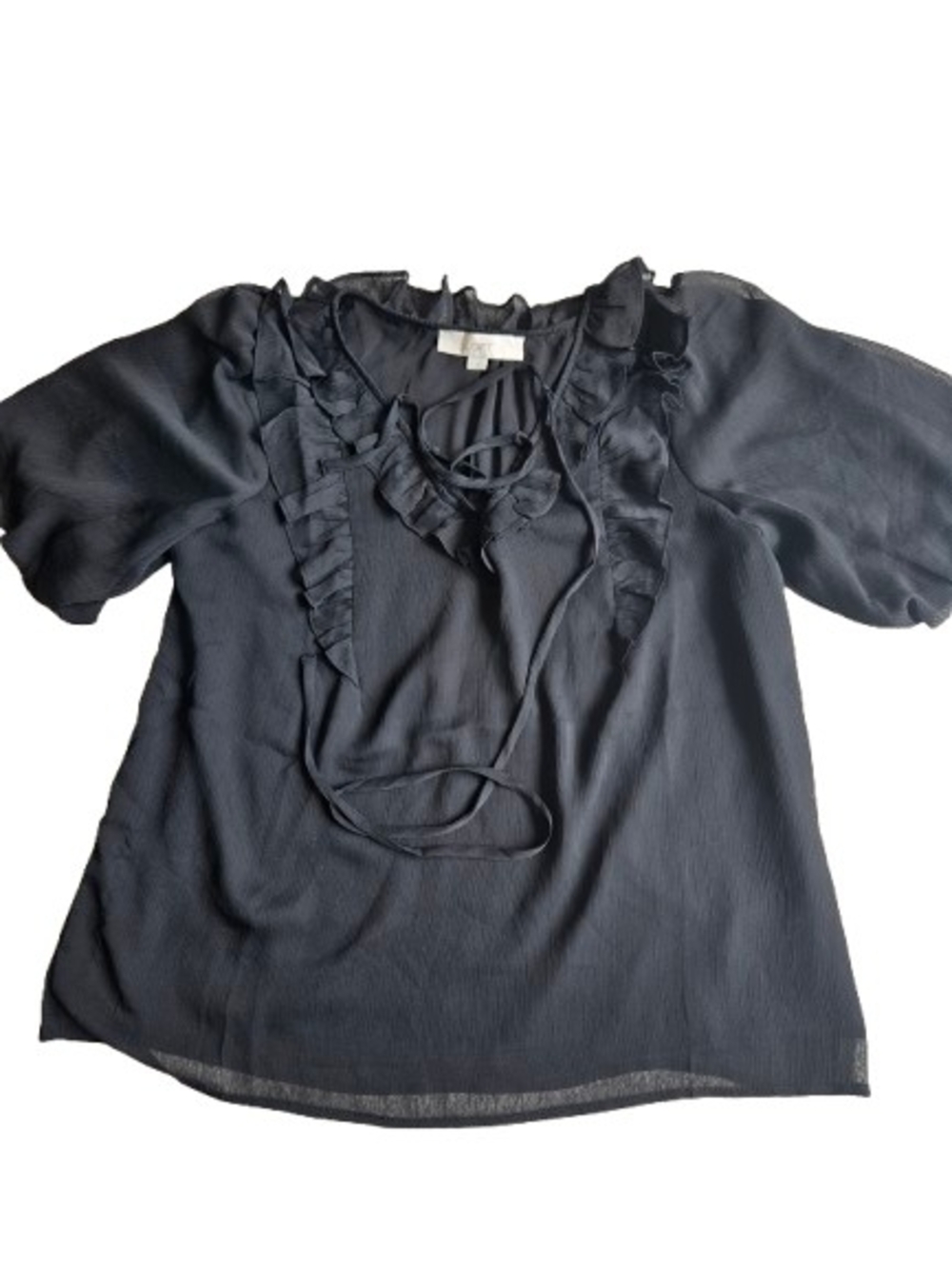 LOFT Ruffle-Neck Lace Up Puffed Short Sleeve Blouse, Small, Black